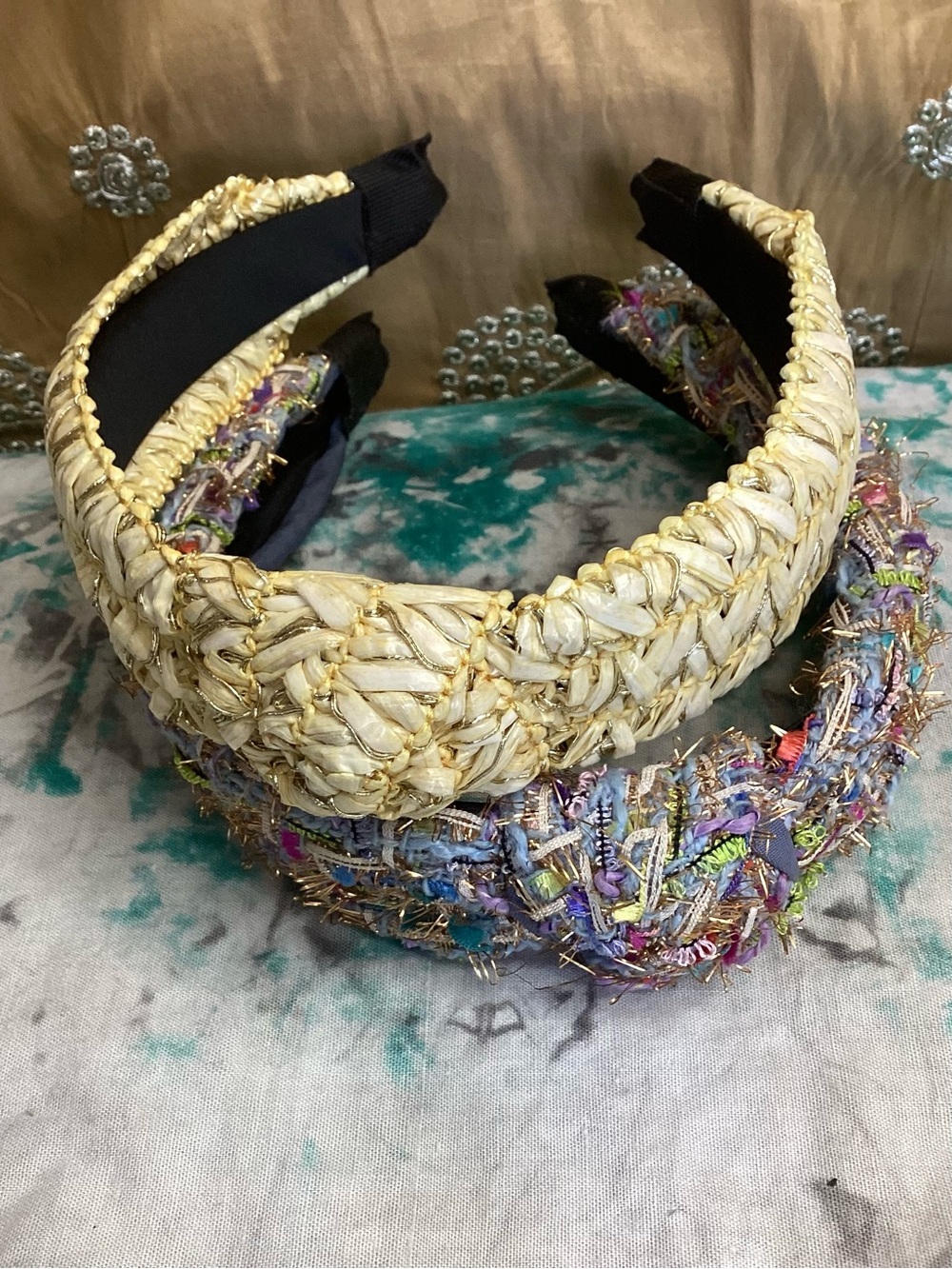 Woven Braided Puff Headband with Gold Thread - Set Of Two